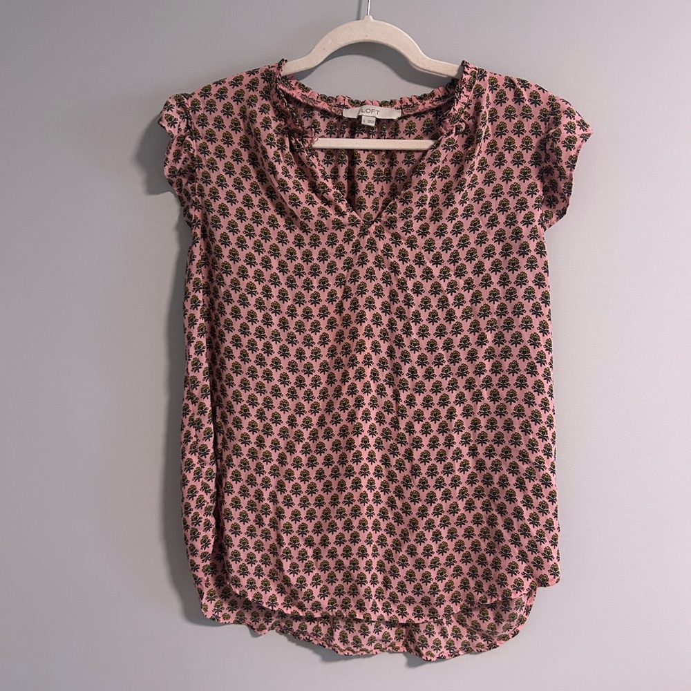 LOFT Pink and Black Floral Blouse